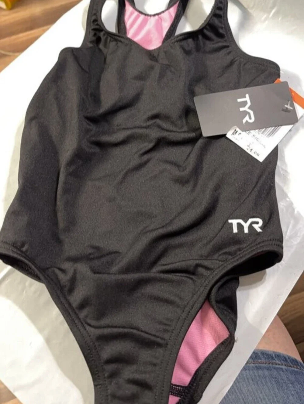 TYR Girls' Black One Piece Swimsuit with Pink Lining, Size 24, New with Tags